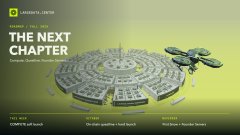 A green-toned promotional image titled 'THE NEXT CHAPTER' displaying a futuristic circular city structure, with the logo and text 'SORARE LAND' visible.