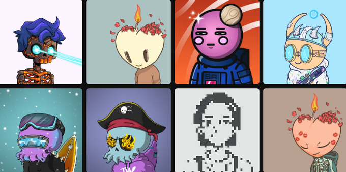 A grid of eight cartoon character avatars, including a pirate skeleton, an apple-headed figure with a candle, a purple astronaut, and a character with laser eyes, each in stylized illustrations against colored backgrounds.