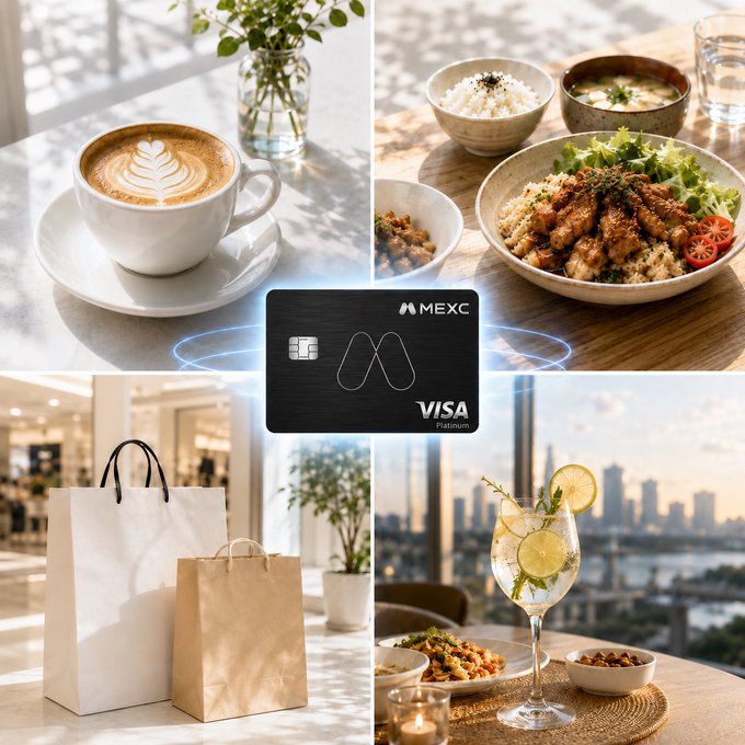 A promotional collage for a MEXC Visa Platinum card showing four lifestyle scenes: a latte with leaf art, rice bowls with Japanese dishes, shopping bags in a mall, and a cocktail with a city skyline view.