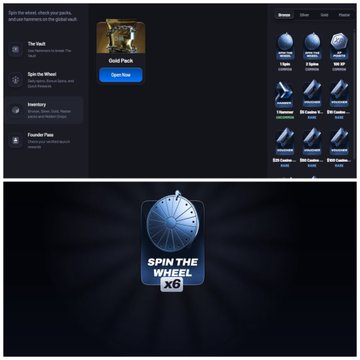 The image displays a "Use Vault777" website interface featuring options like "The Vault," "Spin the Wheel," and "Inventory" on the left, with a highlighted Gold Pack that grants "Open Pack" and 6 Spins the Wheel rewards. Below, a wheel graphic emphasizes "SPIN THE WHEEL x6," visually supporting the post's mention of receiving six Spin the Wheel rewards from the Gold Pack that yielded a Hammer and XPs.