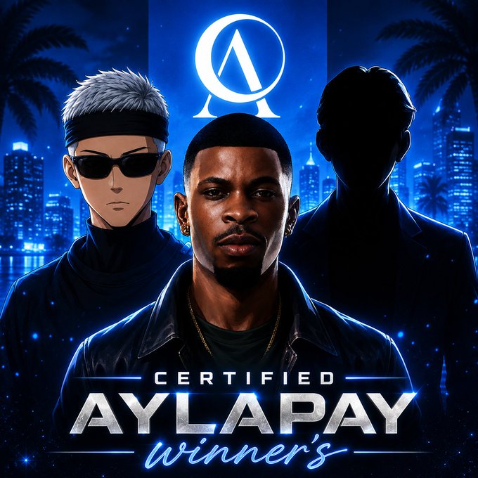 A stylized promotional image titled 'CERTIFIED AYLAPAY winners' featuring three figures (an anime character, a man, and a silhouette) against a blue night cityscape.