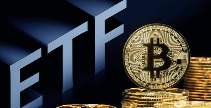 A stock photo featuring a golden Bitcoin coin standing upright next to stacks of coins, with a large stylized 'ETF' logo in metallic blue against a dark background.