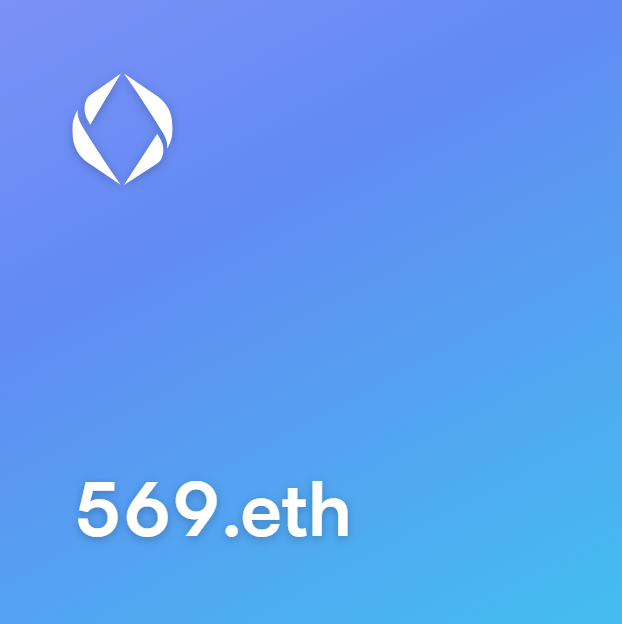 Digital graphic with a blue gradient background featuring a white stylized logo and the text '569.eth'.