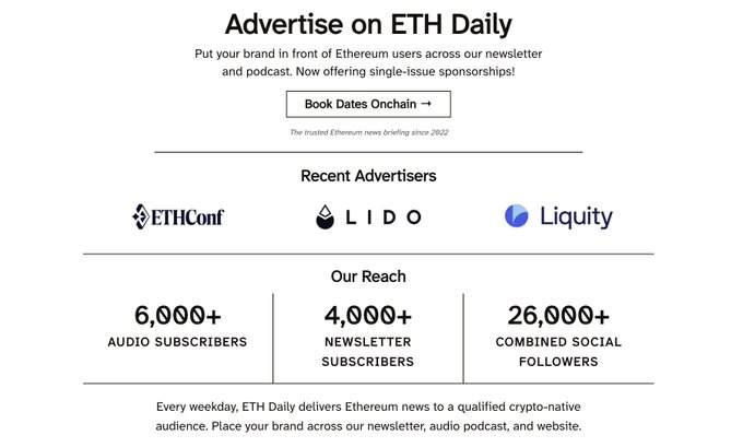 An advertisement page for ETH Daily newsletter, featuring logos for recent advertisers ETHConf, LIDO, and Liquity, along with reach statistics of 6,000+ audio subscribers, 4,000+ newsletter subscribers, and 26,000+ combined social followers.