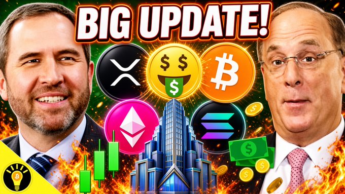 A dramatic crypto-news thumbnail reads “BIG UPDATE!” and features Charles Schwab alongside XRP, Bitcoin, Ethereum, Solana, Chainlink, stablecoin symbols, trading candles, and a skyscraper. It visually promotes the accompanying post about Schwab adding altcoins, XRP’s Treasury/ SEC developments, and the UK’s stablecoin and tokenization plans.