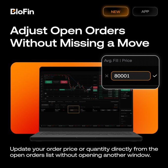 The image is a promotional graphic for BloFin featuring a laptop displaying the trading interface with a highlighted callout showing an "Avg. Fill | Price" of 80001, alongside the headline "Adjust Open Orders Without Missing a Move" and a "NEW" tag for the app feature.

The visual directly illustrates the post's message by showing how users can quickly update order details (price/quantity) directly within the open orders list via a pop-up editing window, eliminating the need to open separate windows and helping traders act swiftly on market movements.
