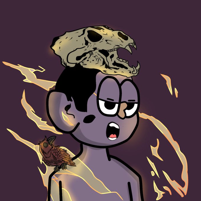 A cartoon character with a purple-toned body wears an animal skull on its head, with a small owl perched on its shoulder, surrounded by golden energy streaks against a dark background—embodying the quirky, hand-drawn personality of the BINKY PFP collection.