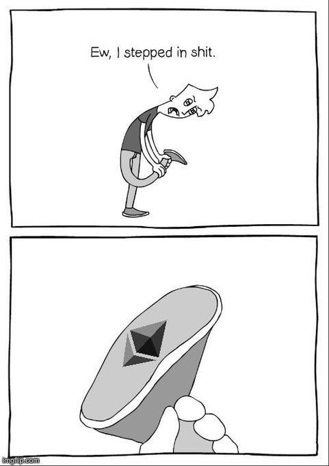 A two-panel comic from imgflip where a character says 'Ew, I stepped in shit' while looking at their shoe, which in the next panel is revealed to have an Ethereum logo on the sole.