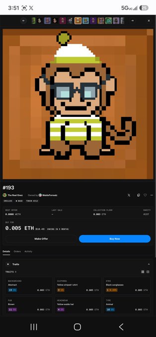 A mobile screenshot of an NFT marketplace listing #193 titled 'The Real Ones' by 'madeforcrypto', showing a pixel art character with a hat, priced at 0.005 ETH.