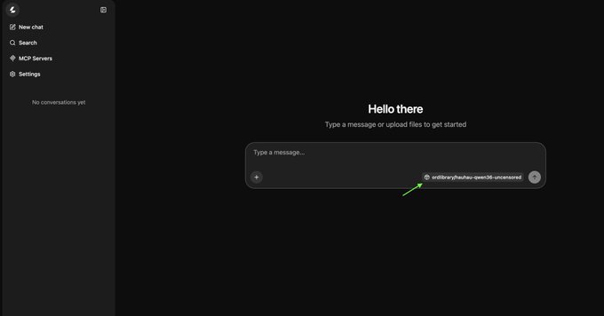 A dark-themed chat interface displays 'Hello there' as a greeting message with a text input box containing the model selection 'arbitrary/qwq-3b-uncensored' indicated by a green arrow.