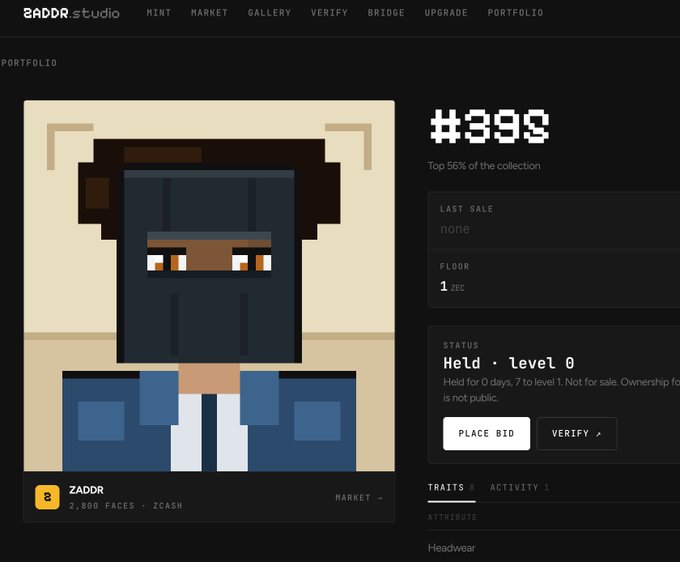 Screenshot of ZADDR studio's NFT marketplace portfolio page displaying ZADDR NFT #399, ranked in the top 56% of the collection, with a pixelated character featuring brown hair and blue jacket. The status shows "Held - level 0" at a floor price of 1 ZEC, and the listing mentions "2,000 FACES - $CASH" along with a Headwear trait, illustrating the user's successful minting of their whitelisted Zcash NFT.