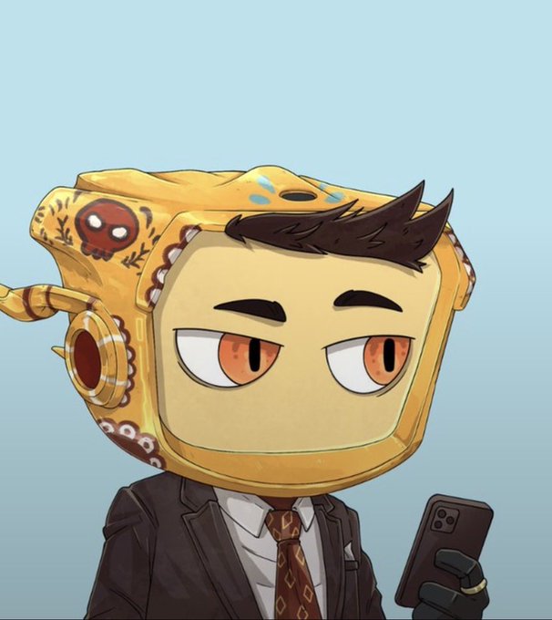 A digital illustration of a cartoon character with an orange cat-like helmet, wearing a suit and tie, and holding a smartphone.