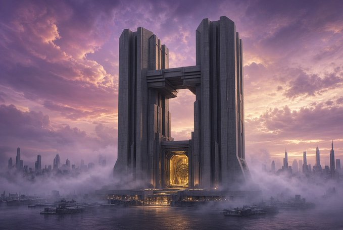 A futuristic cityscape at sunset featuring a massive brutalist monument or gateway with glowing golden entrance, surrounded by mist and smaller buildings in the distance.