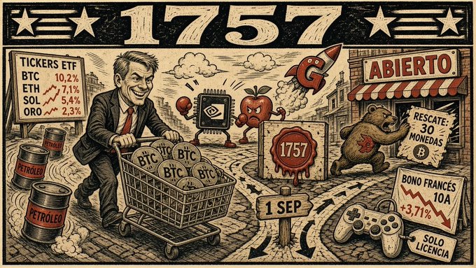 Illustrated graphic with the number '1757' at the top, showing a man pushing a shopping cart full of 'BTC' coins, alongside stock tickers 'BTC 10.2%', 'ETH 7,1%', 'SOL 5,4%', 'ORO 2,3%', and a bear with a 'RESCATE 30 MONEDAS B' sign.