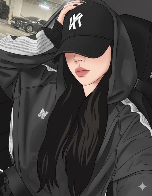 An illustrated portrait of a young woman with long black hair, wearing a black hoodie and a black baseball cap with white lettering, posing with her hand on her head in what appears to be a parking garage.
