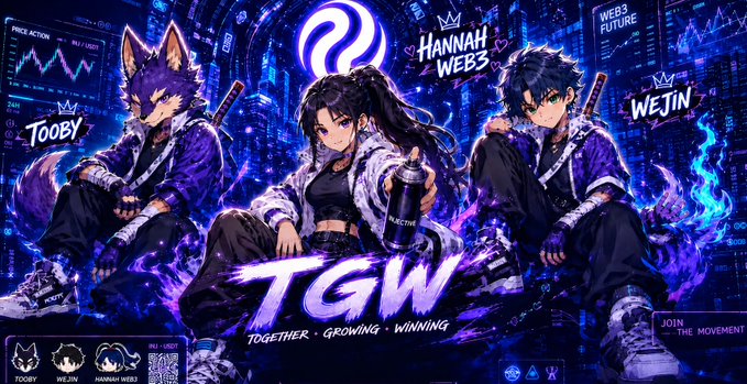 A vibrant anime-style promotional graphic titled "TGW" (Together, Growing, Winning) features three characters—Tooby (a fox-like figure with a katana), Hannah Web3 (holding spray paint), and Wejin (with a katana)—set against a futuristic purple cityscape with "WEB3 FUTURE" and financial chart elements, visually representing the diverse yet united team described in the post whose Web3 friendship was strengthened through the Injective Squad Challenge.