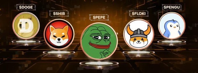 Promotional graphic featuring five meme coin logos: $DOGE (Dogecoin), $SHIB (Shiba Inu), $PEPE (Pepe the Frog), $FLOKI, and $PENGU displayed on circular platforms.