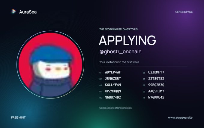 An 'AuraSea Genesis Pass' application page showing the Twitter handle '@ghostr_onchain', a pixel-art avatar, and a list of 10 invitation codes for free minting.
