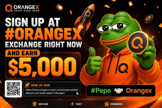 A promotional advertisement for OrangeX cryptocurrency exchange featuring Pepe the Frog mascot and text reading 'SIGN UP AT #ORANGEX EXCHANGE RIGHT NOW AND EARN $5,000' with a sign-up URL.