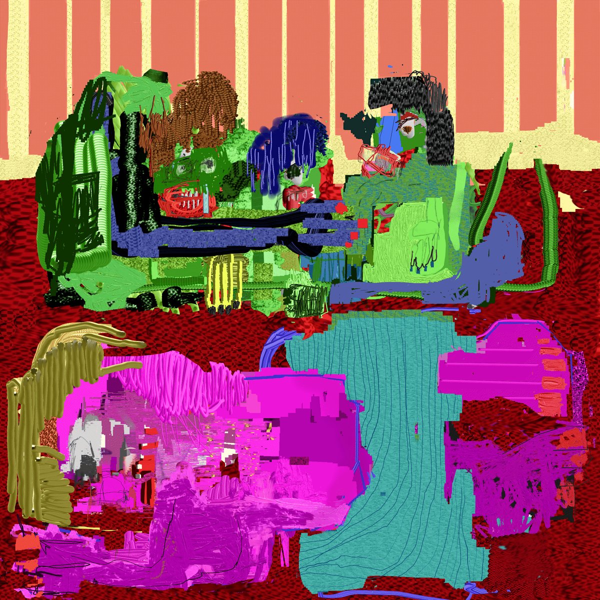 The image features a colorful abstract painting that depicts two people sitting on a couch, surrounded by various objects such as a car, a boat, and a bird. The painting has a vibrant mix of pink, green, blue, and purple colors, creating an eye-catching piece of art. The post includes text that reads "Good morning everyone! First bid place by dear @coneheadsquid with 222 XTZ Bid on the link below". This suggests that the artist's work is being showcased in a competition or exhibition, where their painting has been selected as the winning entry.