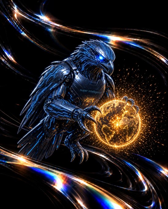 A metallic, mechanical eagle with glowing blue circuitry and eyes clutches a glowing golden orb, set against a dynamic backdrop of swirling light streaks on a black background. The eagle's chest bears the partially visible text "Super Intelligence," directly tying into the post's message about $SI ("Super Intelligence") dominating the world.