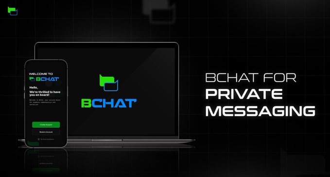 A promotional graphic for BCHAT displaying a smartphone and laptop with the logo, alongside the text 'BCHAT FOR PRIVATE MESSAGING'.