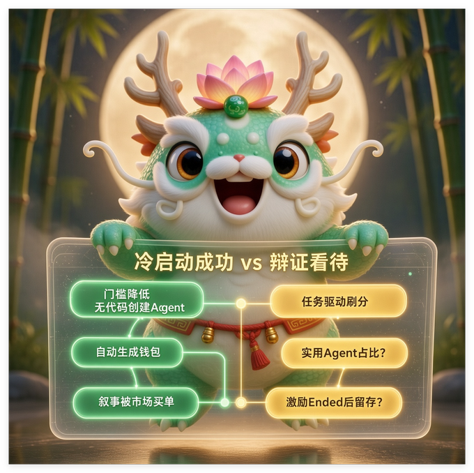 A cute Chinese-style mascot character with antlers and a lotus flower, presenting a comparison titled '冷启动成功 vs 辨证看待' (Cold Start Success vs Dialectical View) with bullet points about low thresholds, no-code Agent creation, automatic wallet generation, narrative market adoption, task-driven farming, practical Agent percentage, and post-incentive retention.