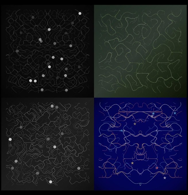 Abstract artwork divided into four quadrants (black, green, black, and blue), featuring maze-like line patterns with scattered white circles and stars.