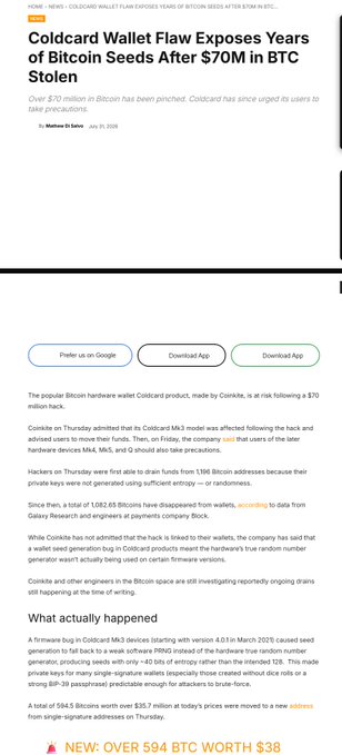 A news article titled 'Coldcard Wallet Flaw Exposes Years of Bitcoin Seeds After $70M in BTC Stolen' from June 25, 2026, by Matteo D'amic, detailing a Coldcard Mk3 security vulnerability.