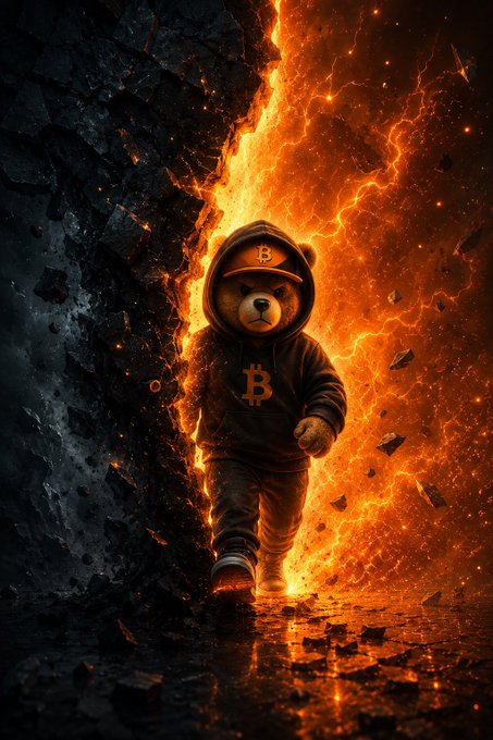 Digital artwork depicting a teddy bear wearing a hoodie with the Bitcoin 'B' logo, emerging from a fiery explosion between cracked walls.