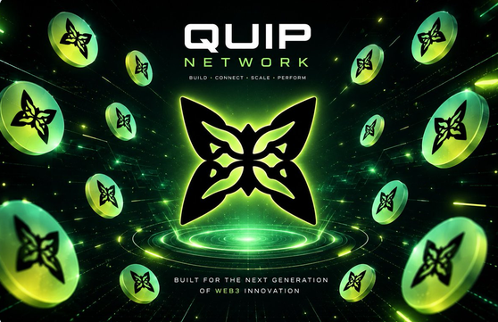 A digital promotional graphic for 'QUIP NETWORK' featuring a glowing green butterfly logo surrounded by smaller coin-like icons, with the tagline 'BUILD FOR THE NEXT GENERATION OF WEB3 INNOVATION'.