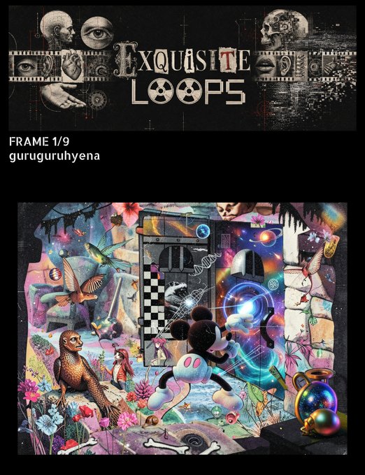 Album cover artwork titled 'Exquisite Loops' showing Frame 1/9 by guruguruhyena, featuring surreal collage imagery with anatomical sketches, cosmic elements, butterflies, and abstract figures.
