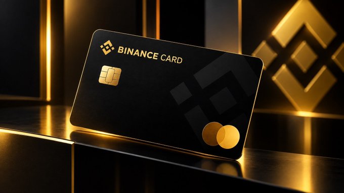 A sleek black and gold Binance Card sits prominently against a dark background featuring the iconic Binance logo, with the card displaying "BINANCE CARD" alongside a gold chip and Mastercard emblem. The image visually reinforces the post's message about how the Binance Card has transformed the user's relationship with crypto by enabling everyday spending and practical payments rather than just passive holding.