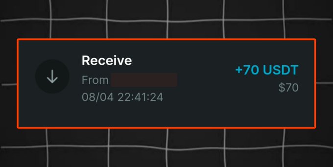 A cryptocurrency transaction notification showing 'Receive +70 USDT ($70)' dated 08/04 22:41:24 with the sender's name redacted.