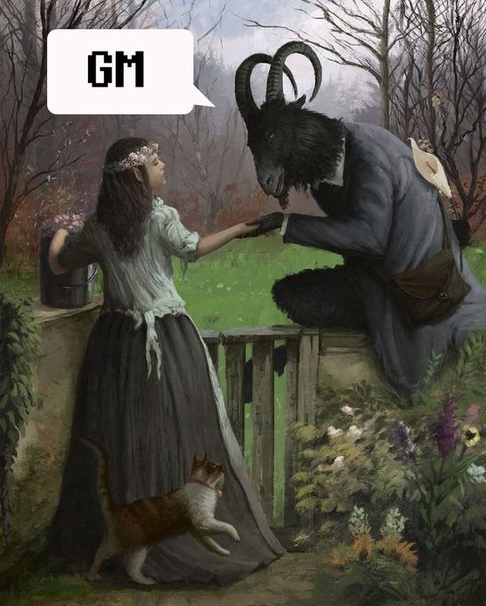 A whimsical illustration shows a girl in a flower crown greeting a black goat-headed figure in a suit at a garden gate, with a cat at her feet and a speech bubble saying "GM".