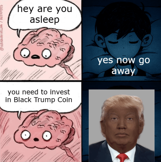A four-panel meme shows a cartoon brain asking "hey are you asleep" to a person who replies "yes now go away," only for the brain to insist "you need to invest in Black Trump Coin," with Donald Trump's face appearing in the final panel—humorously depicting the persistent intrusive thought of investing in the meme coin.