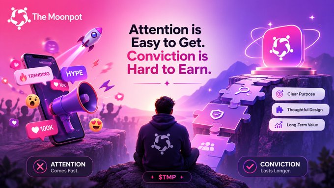 A promotional graphic for 'The Moonpot' featuring the tagline 'Attention is Easy to Get. Conviction is Hard to Earn,' contrasting 'ATTENTION Comes Fast' (HYPE) with 'CONVICTION Lasts Longer' (STMP), with attributes including Clear Purpose, Thoughtful Design, and Long-Term Value.