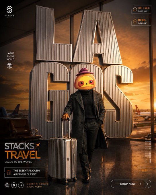 **Caption:** An anthropomorphic character in a sleek black trench coat and pink hat stands beside a silver aluminum suitcase, set against a dramatic LA↗GS display at an airport at sunset, promoting "STACKS ✈ TRAVEL — The Essential Cabin Aluminum Classic" priced at $525.

**Connection to post:** The image brings the "Stacks Travel" brand to life by blending industrial, traveler-chic aesthetics (the metallic letters and aluminum luggage) with a bold mascot, directly visualizing the post's "Travel Far, Live Bold" tagline and its competitive entry for @stackdailyxyz.