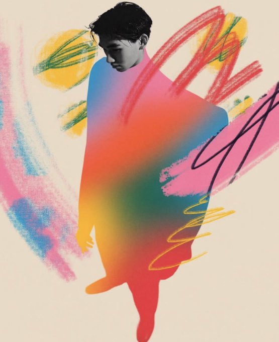 An artistic illustration of a man in a black and white photographic style wearing a coat that fades into vibrant rainbow colors, surrounded by colorful brush strokes.