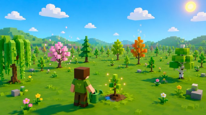 A blocky, voxel-style video game scene showing a character watering a small plant in a grassy field with various colorful trees under a bright sky.