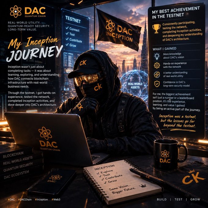 The image is a stylized graphic promoting "My Inception Journey" with the DAC (Quantum Chain) brand, featuring a hooded figure with a "CK" cap working on a laptop in a futuristic cityscape, alongside text highlighting achievements like "More knowledge about DAC's vision," "Hands-on experience with the network," and "A better understanding of real-world utility," while hashtags #DAC, #DACChain, #Inception, and #Web3 appear at the bottom.

The image directly illustrates the post's theme by visually summarizing the user's testnet journey and personal achievements gained through participating in DAC's Inception program.