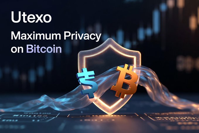 Utexo promotional graphic reading 'Maximum Privacy on Bitcoin,' featuring a glowing shield with Bitcoin and Litecoin symbols.
