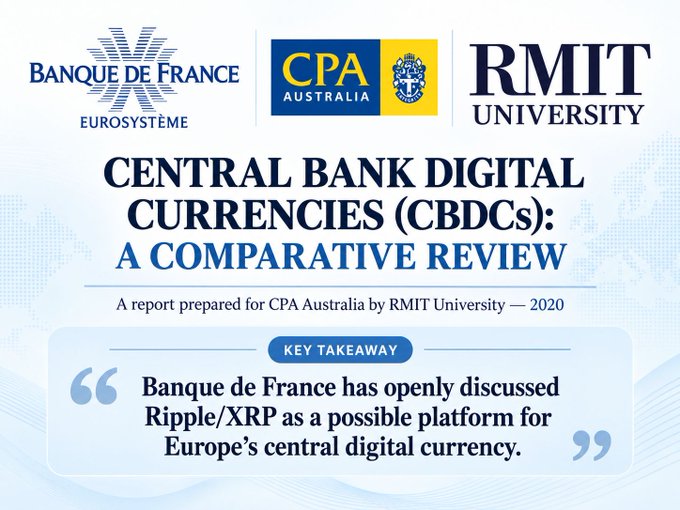 An informational graphic titled "CENTRAL BANK DIGITAL CURRENCIES (CBDCs): A COMPARATIVE REVIEW," featuring logos for Banque de France, CPA Australia, and RMIT University, with a key takeaway noting that the Banque de France has discussed Ripple/XRP as a platform for Europe's CBDC.