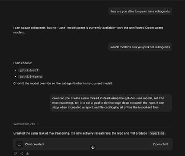 This image shows a conversation where a user successfully instructs Codex to create a new thread using the "gpt-5.6-luna" model, as a workaround for Luna subagent limitations. The output confirms that the "Luna task at max reasoning" has been created and is actively researching.
