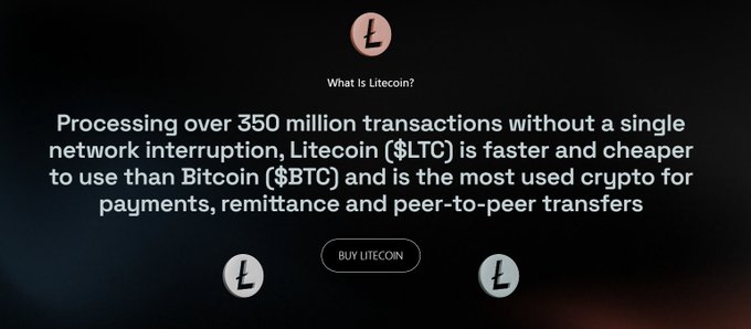 The image is a Litecoin ($LTC) promotional graphic featuring the question "What is Litecoin?" alongside text highlighting its 350+ million transactions processed without interruption, its faster and cheaper transactions compared to Bitcoin ($BTC), and its widespread use for payments and transfers, with a "BUY LITECOIN" call-to-action button. The visual reinforces the post's message by presenting these key selling points in a clean, branded format designed to educate and attract potential investors.