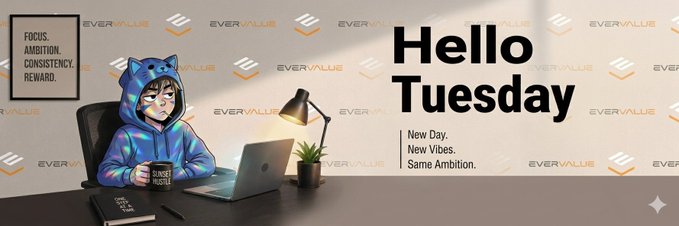 The image features a person sitting at a desk with a laptop, wearing a blue hoodie or panda costume. There are two cups of coffee placed next to them, one closer to the left side of the desk and another towards the right side. The background includes a wall adorned with logos for "EVERVALUE" and "New Day". The text on the image reads: "Hello Tuesday", "Some Ambition", "New Day", "Same Ambition", and "Focus on what is in the image and how it relates to the post".