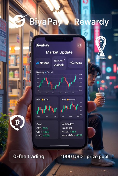 A hand holds a smartphone displaying the BiyaPay "Market Update" screen with charts for Nasdaq, BTC/ETH, and BNB, alongside listings for SpaceX, Airbnb, Meta, and commodities like Gold (OBD:03.3, CBI4:+335, MCrX:+0155) and Crude Oil (Naruo:+455, Natural Gas:+4732). The promotional graphic also features "Rewardy," "0-fee trading," and a "1000 USDT prize pool" overlaid on a blurred convenience store scene, perfectly matching the late-night post-work setting described in the caption where the narrator pauses to browse their phone over iced coffee.