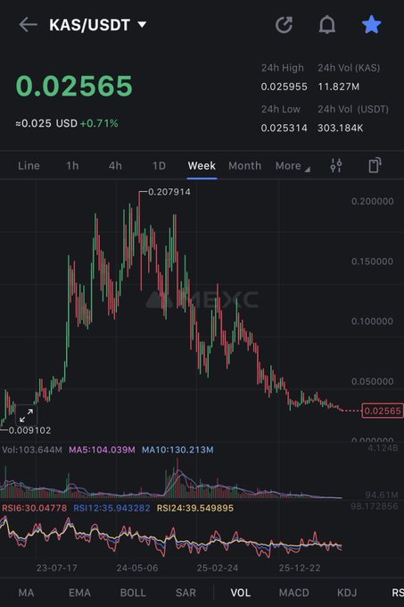 A candlestick chart showing the weekly price action for KAS/USDT trading pair, with a current price of 0.02565 (approx. 0.025 USD, +0.71%), displaying a significant peak around 0.207914 followed by a downward trend.