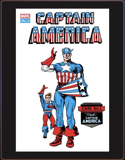 A Marvel comic book cover titled 'CAPTAIN AMERICA No. 1' featuring the character in his classic star-spangled costume alongside his young sidekick Bucky, with a 'CASE No. 1' label.