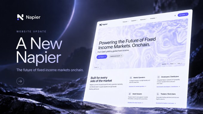 A promotional banner for a Napier website update titled 'A New Napier' promoting 'The future of fixed income markets onchain,' highlighting Market Operators, Asset Issuers, Developers/Distributors, and Traders/End Users.